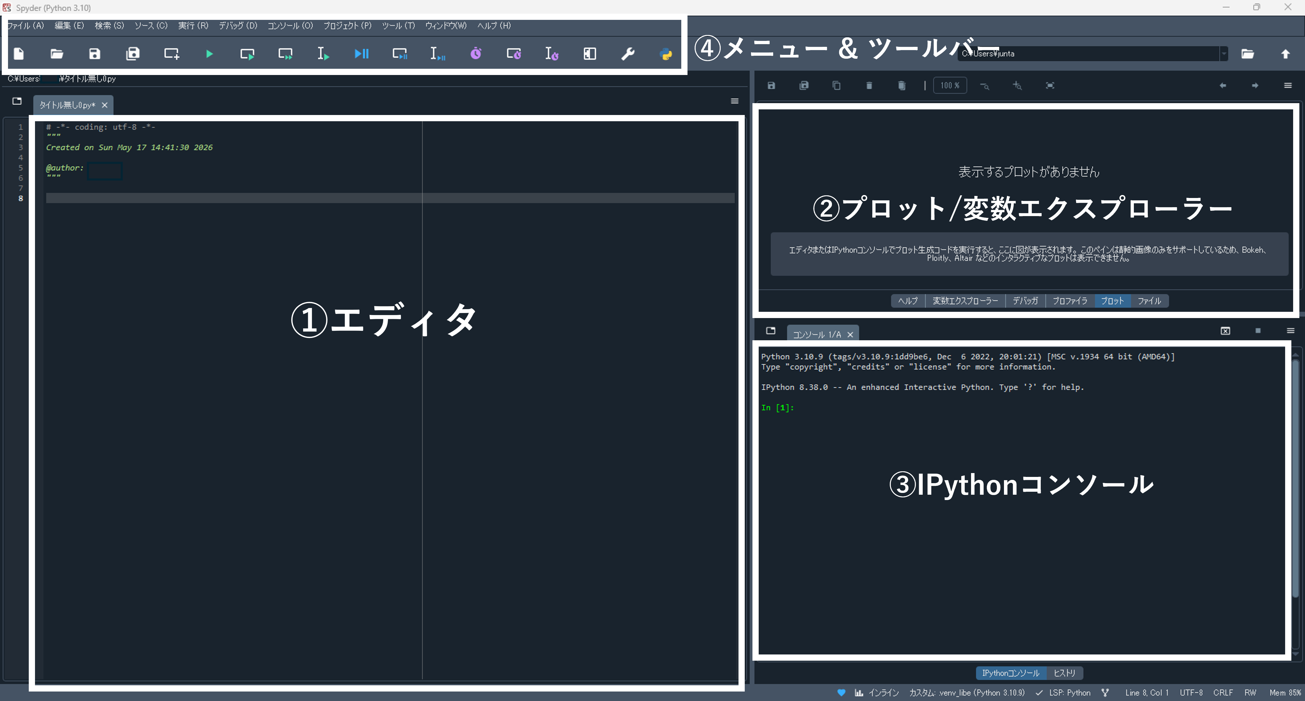 4つのエリアに番号と枠を付けたSpyder画面