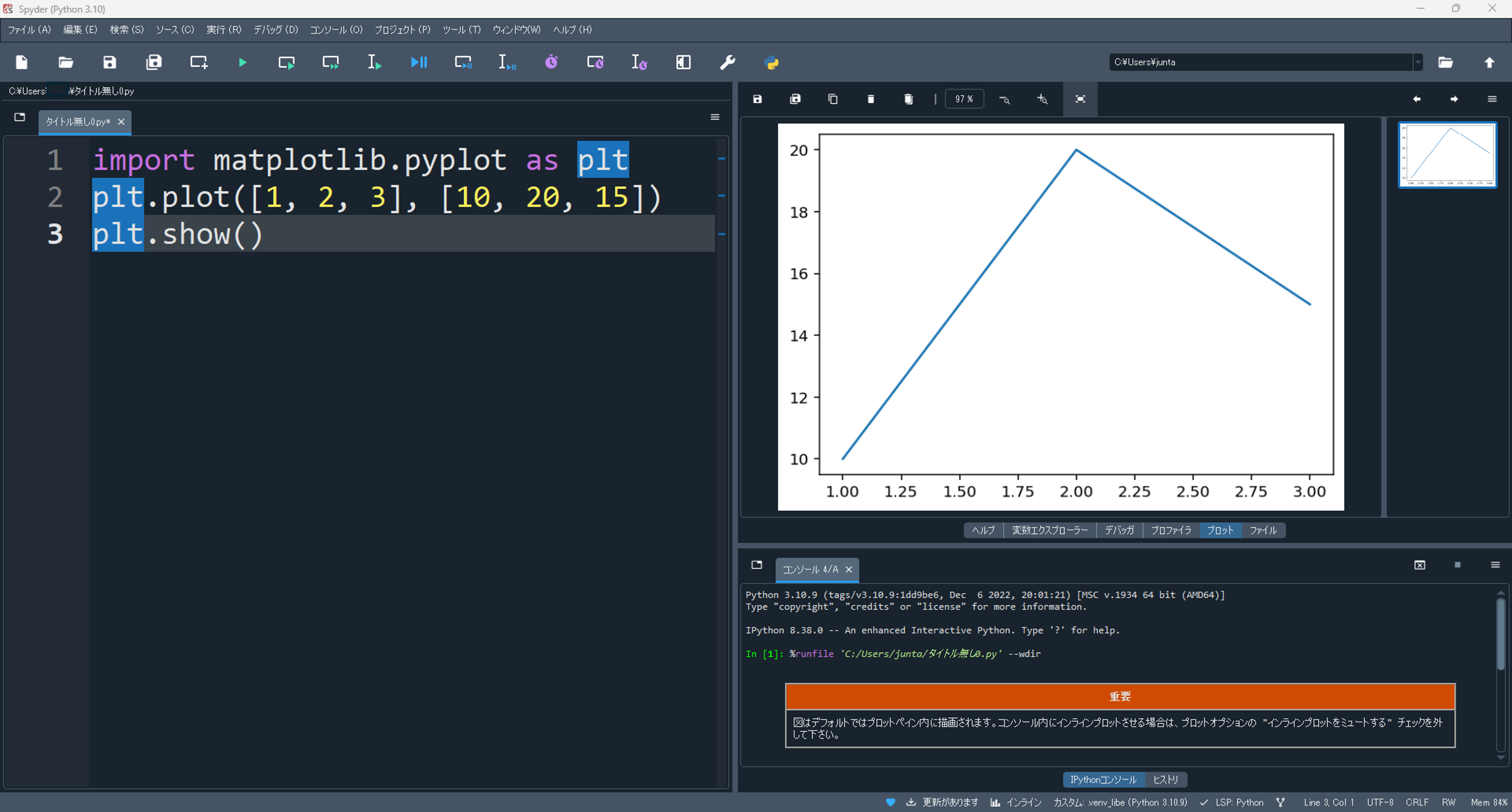 matplotlibで描いた折れ線グラフがプロットタブに表示された画面